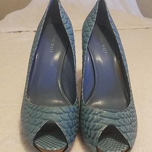 Nine West Blue reptile skin peep toe heels